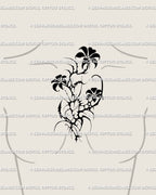 Gothic flower tattoo stencil centered on chest or sternum, cyber-tribal floral design mixing softness and edge, bold goth tattoo idea for men or women.