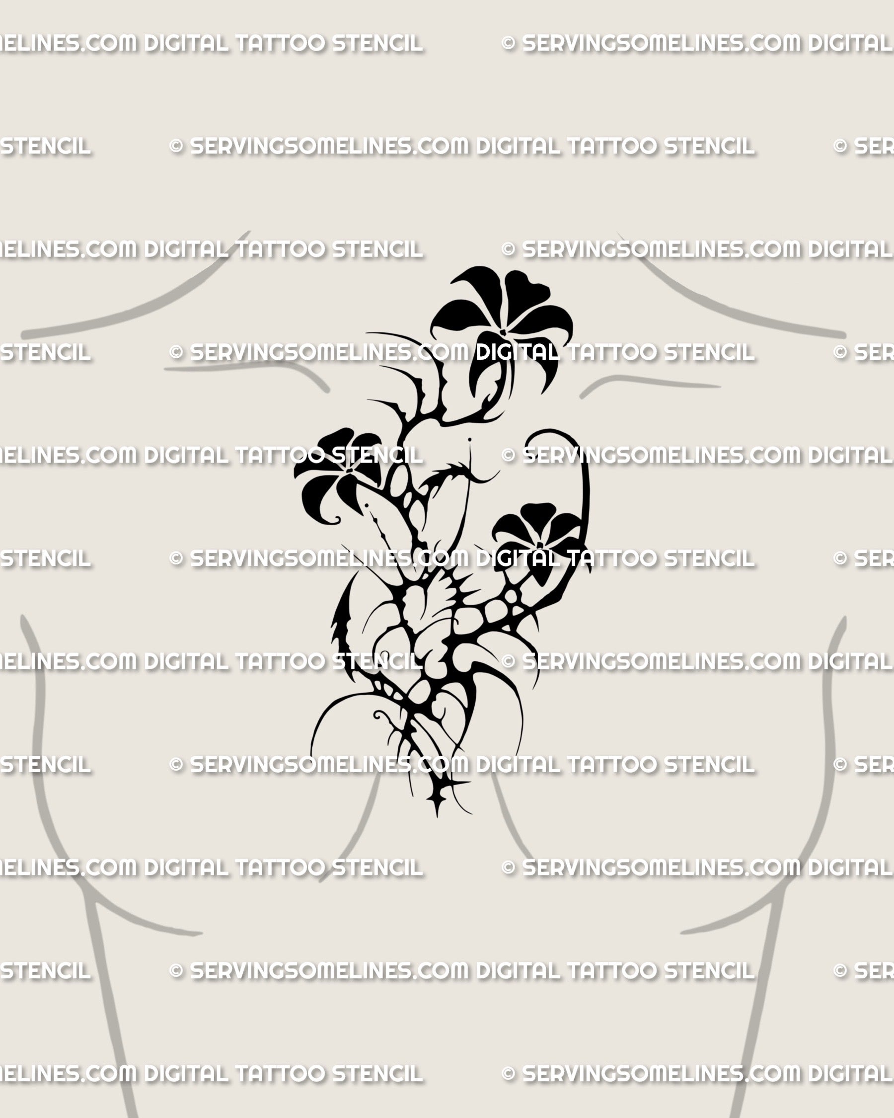 Gothic flower tattoo stencil centered on chest or sternum, cyber-tribal floral design mixing softness and edge, bold goth tattoo idea for men or women.