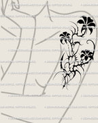 Black flower tattoo stencil in neogothic tribal style, designed for shoulder placement with balance of delicate petals and dark geometric edges.