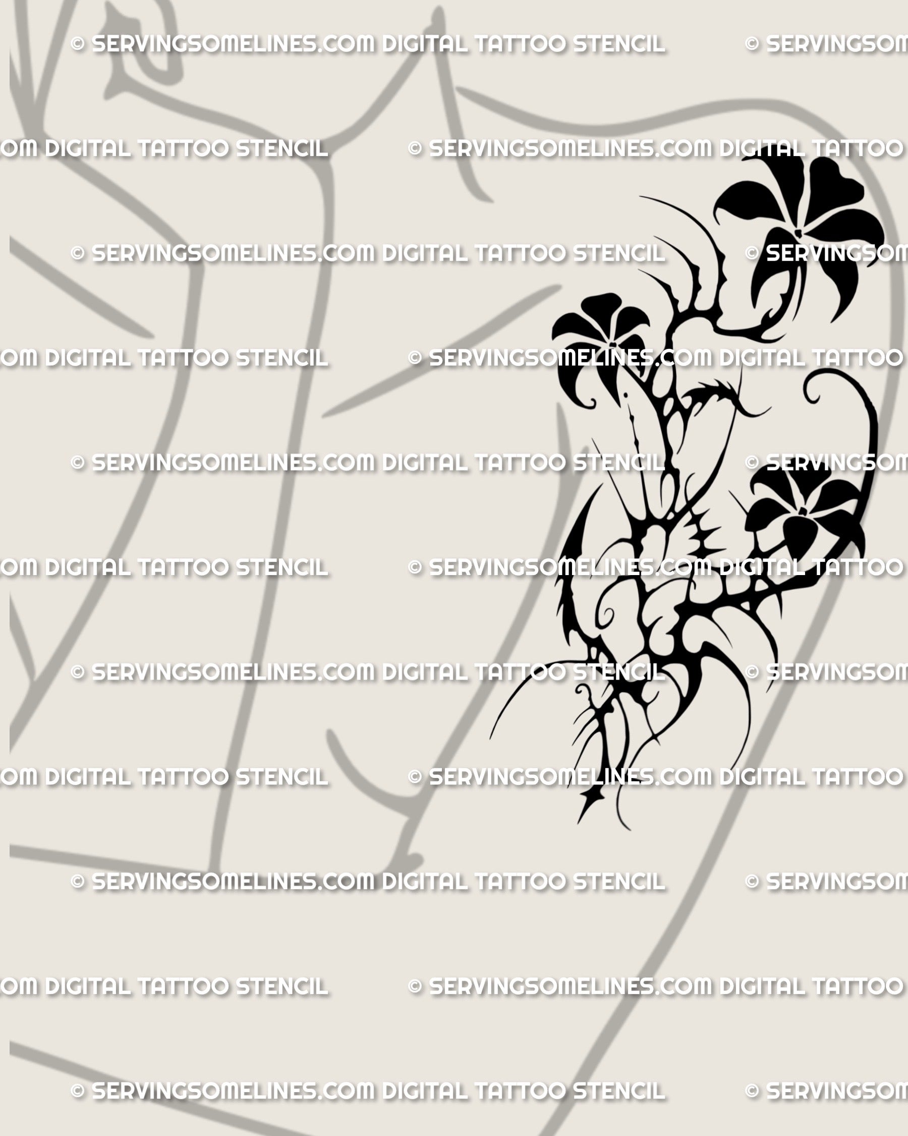 Black flower tattoo stencil in neogothic tribal style, designed for shoulder placement with balance of delicate petals and dark geometric edges.