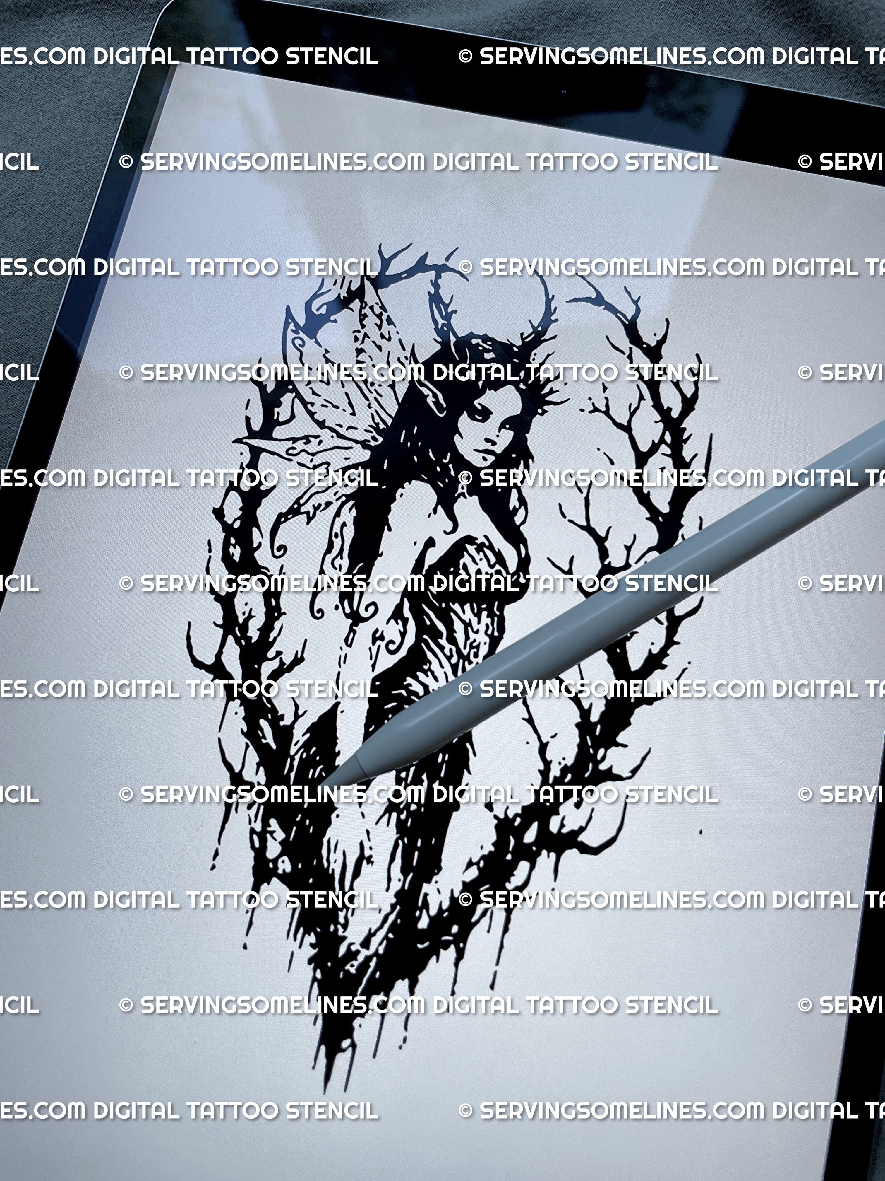 Digital preview of gothic halloween tattoo stencil, printable dark fairy design in blackwork style ready for instant download and printing.