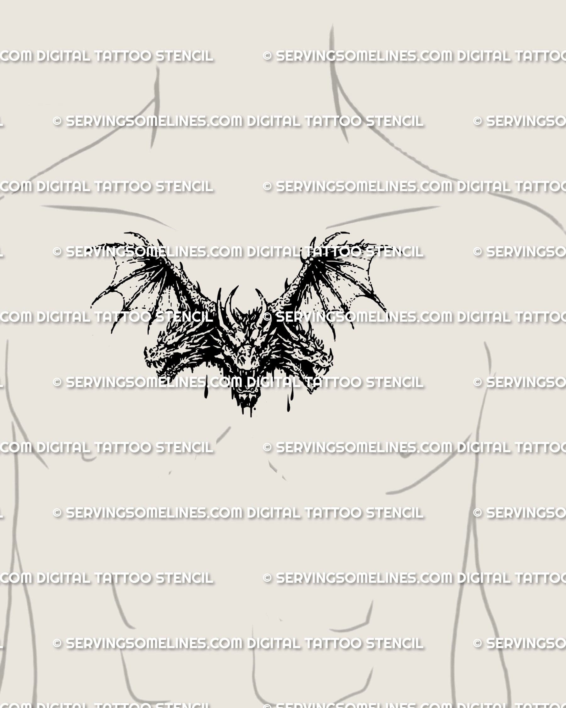 Gothic hydra tattoo design centered on male chest, a blackwork dragon wings tattoo showing bold symmetry and dark fantasy power.