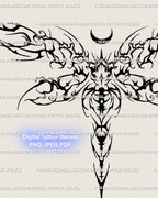 Close-up view of gothic insect tattoo stencil in cybersigilism linework, abstract dragonfly design with detailed ornamental wings and sharp symmetry.