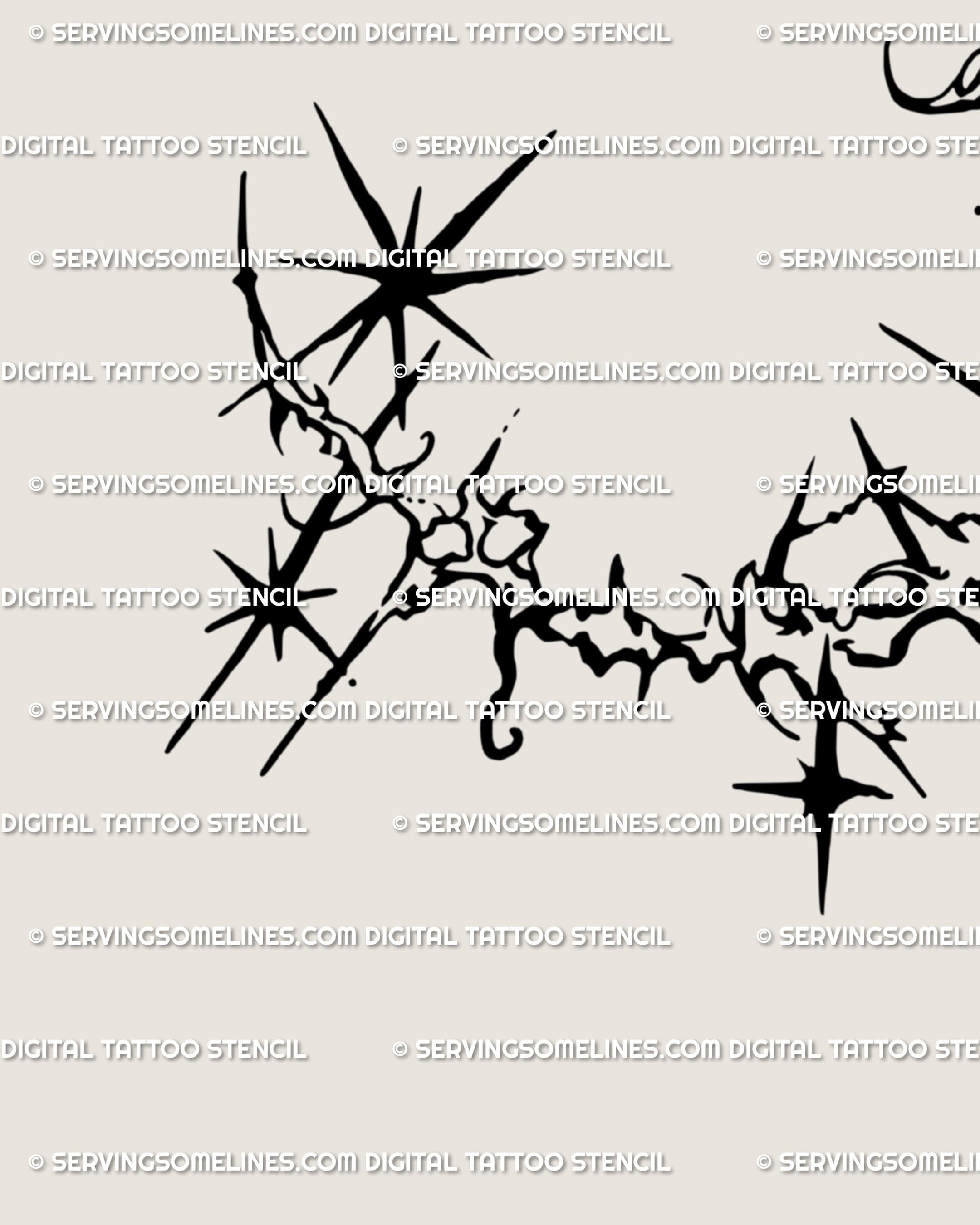 Close-up of gothic lunar tattoo design, showing spiky crescent details and celestial cybersigil star elements.