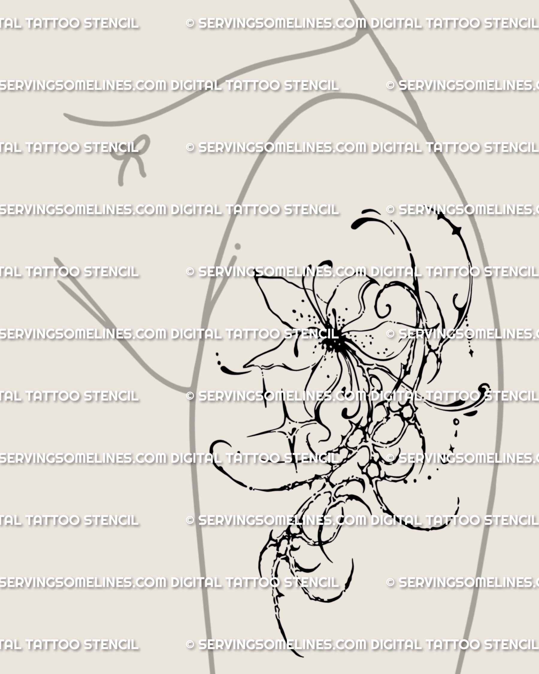 Gothic neotribal floral tattoo design on the thigh, spiky cyber tribal flower art with ornamental lines and unique dark elegance.
