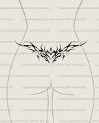 Gothic neotribal tramp stamp tattoo design placed on the lower back; spiky heart silhouette with decorative flow, bold yet refined for a Y2K revival.