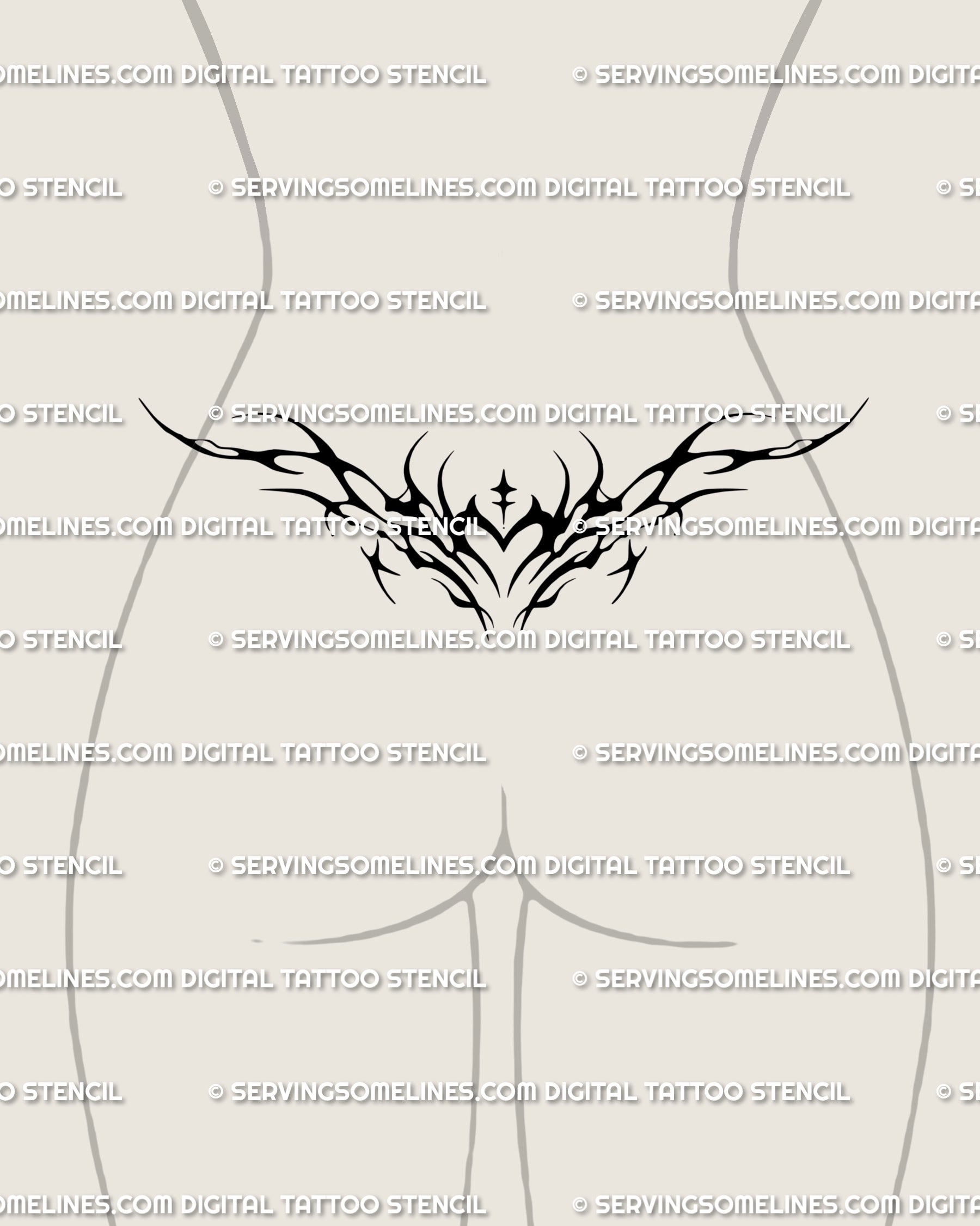 Gothic neotribal tramp stamp tattoo design placed on the lower back; spiky heart silhouette with decorative flow, bold yet refined for a Y2K revival.
