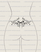 Gothic ribbon tattoo design styled as a tramp stamp for the lower back, spiky yet elegant. Perfect as a blackwork gothic bow tattoo idea with ornamental detail.