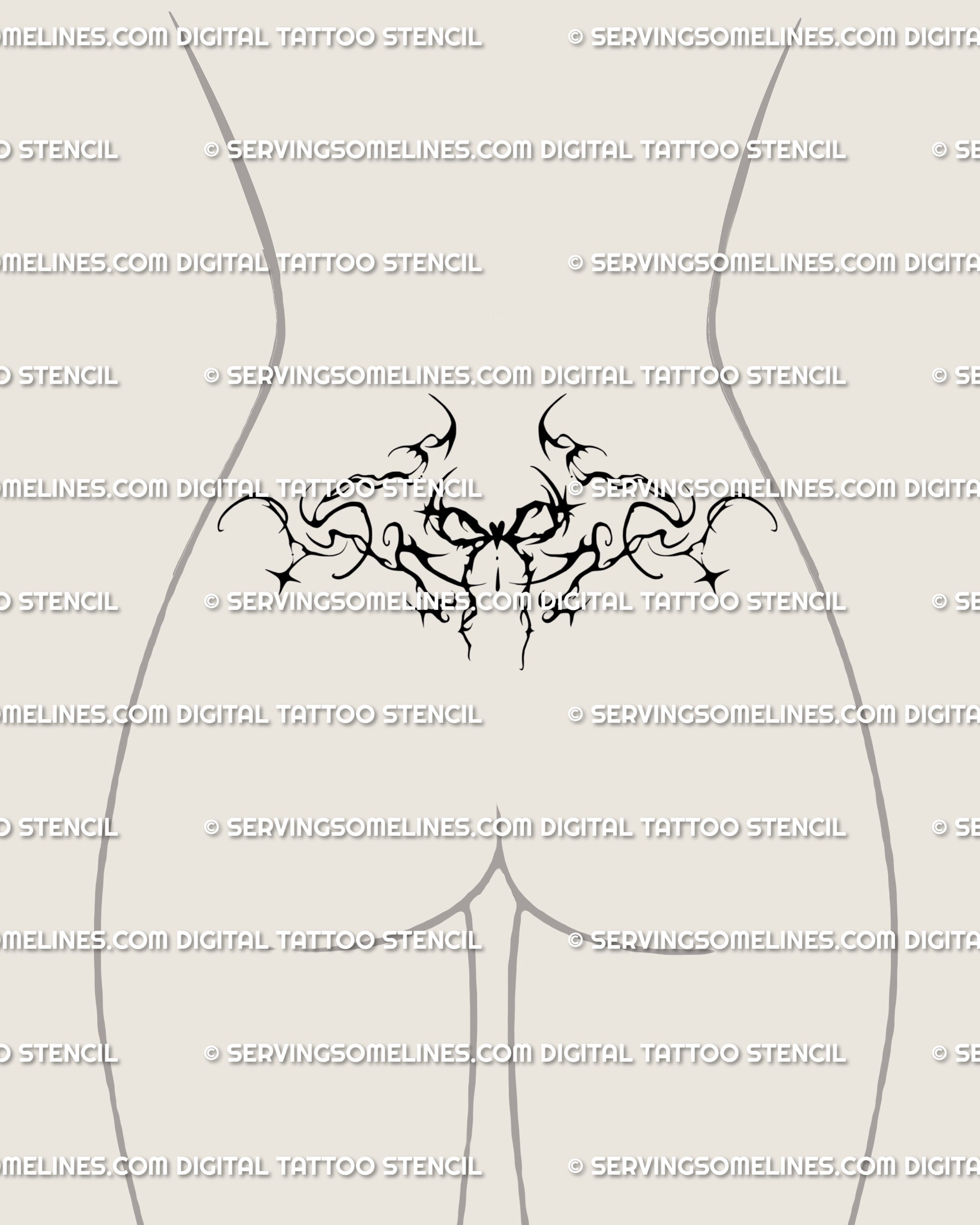 Gothic ribbon tattoo design styled as a tramp stamp for the lower back, spiky yet elegant. Perfect as a blackwork gothic bow tattoo idea with ornamental detail.