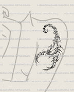 Gothic scorpion tattoo stencil placed on female shoulder, cybertribal outline style with sharp ornamental flow, symbolizing strength and individuality.