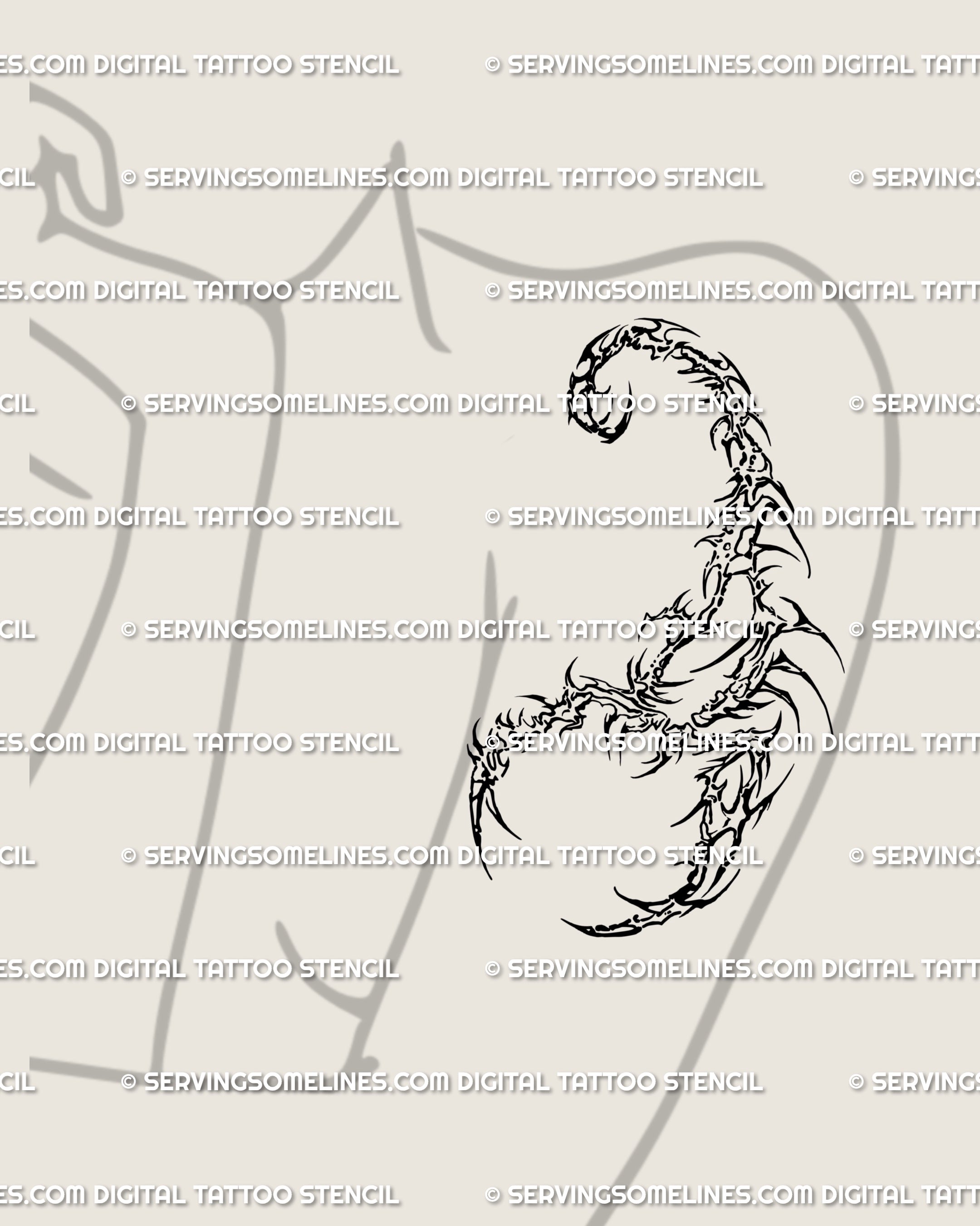 Gothic scorpion tattoo stencil placed on female shoulder, cybertribal outline style with sharp ornamental flow, symbolizing strength and individuality.
