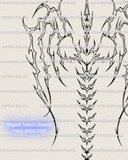 Close up of skeletal wings tattoo flash highlighting cyber tribal spine detail and ornamental bone wing elements in gothic cybersigilism style.
