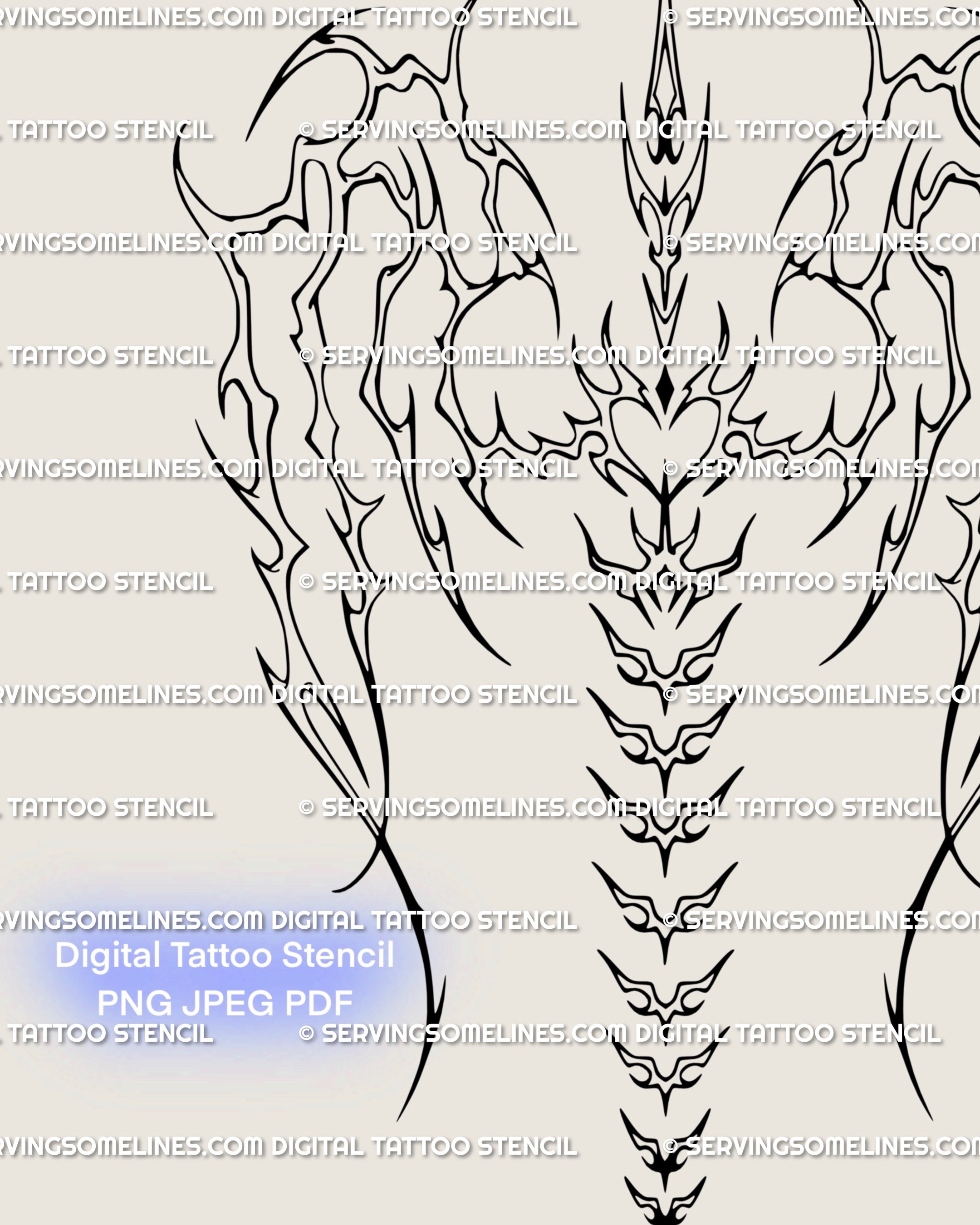 Close up of skeletal wings tattoo flash highlighting cyber tribal spine detail and ornamental bone wing elements in gothic cybersigilism style.