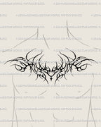 Unisex gothic tramp stamp tattoo stencil reimagined for men’s chest, flowing shoulder to shoulder with tribal symmetry and cyber sigil spiky heart details.