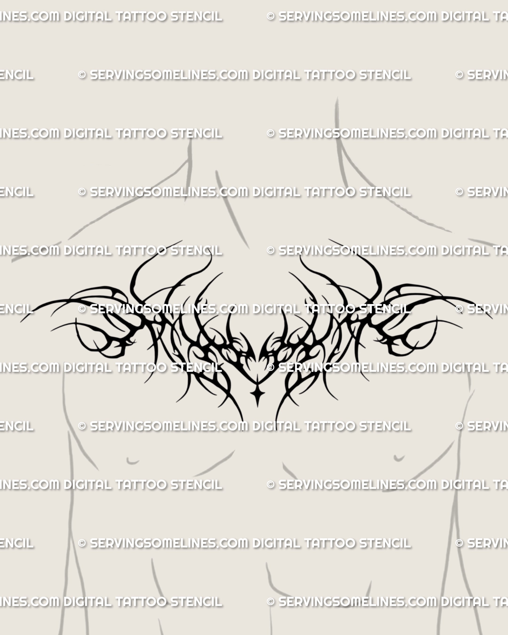 Unisex gothic tramp stamp tattoo stencil reimagined for men’s chest, flowing shoulder to shoulder with tribal symmetry and cyber sigil spiky heart details.