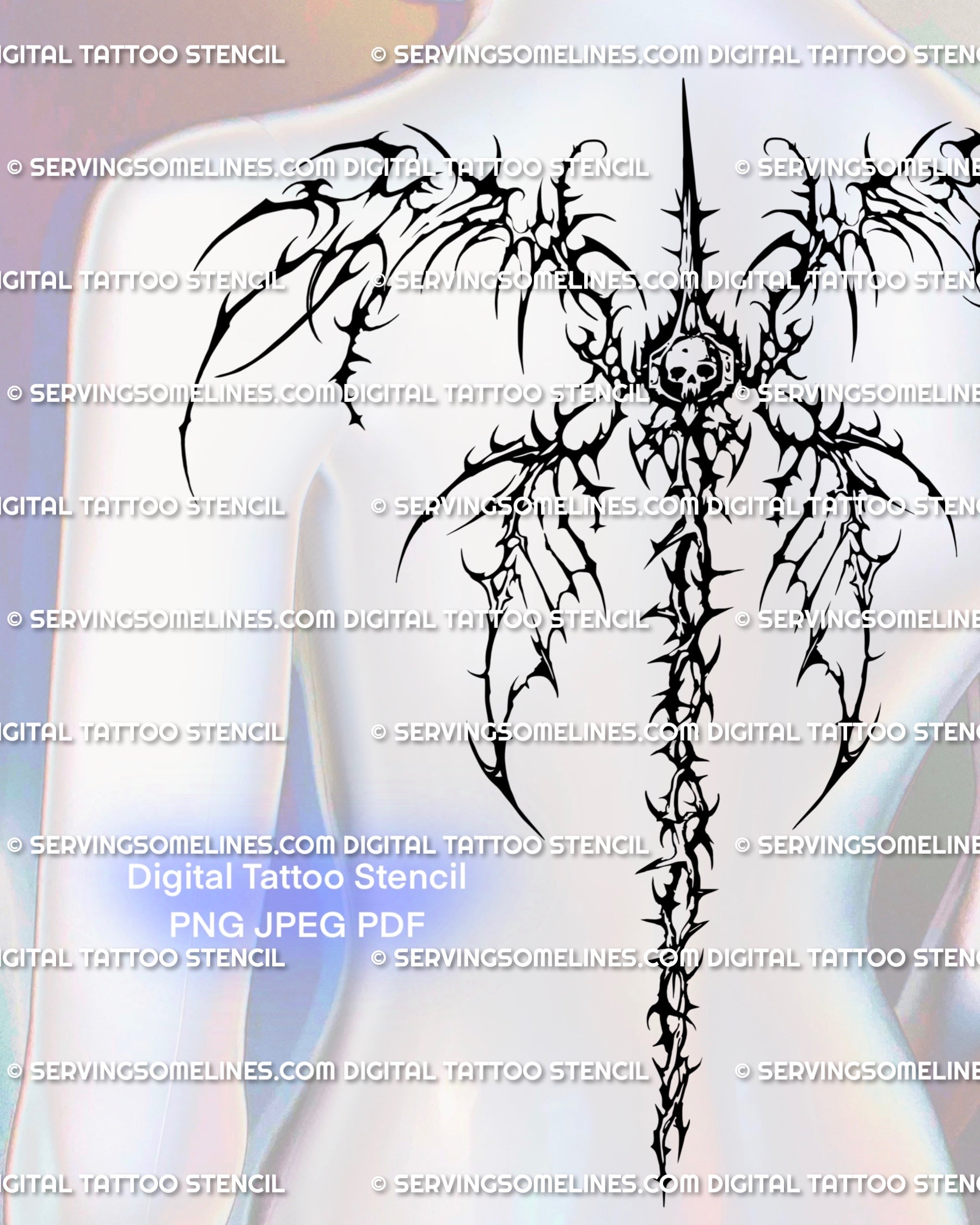 Gothic backpiece tattoo for women with cyber tribal skeletal wings, ornamental skull centerpiece, and spiky spine flow.