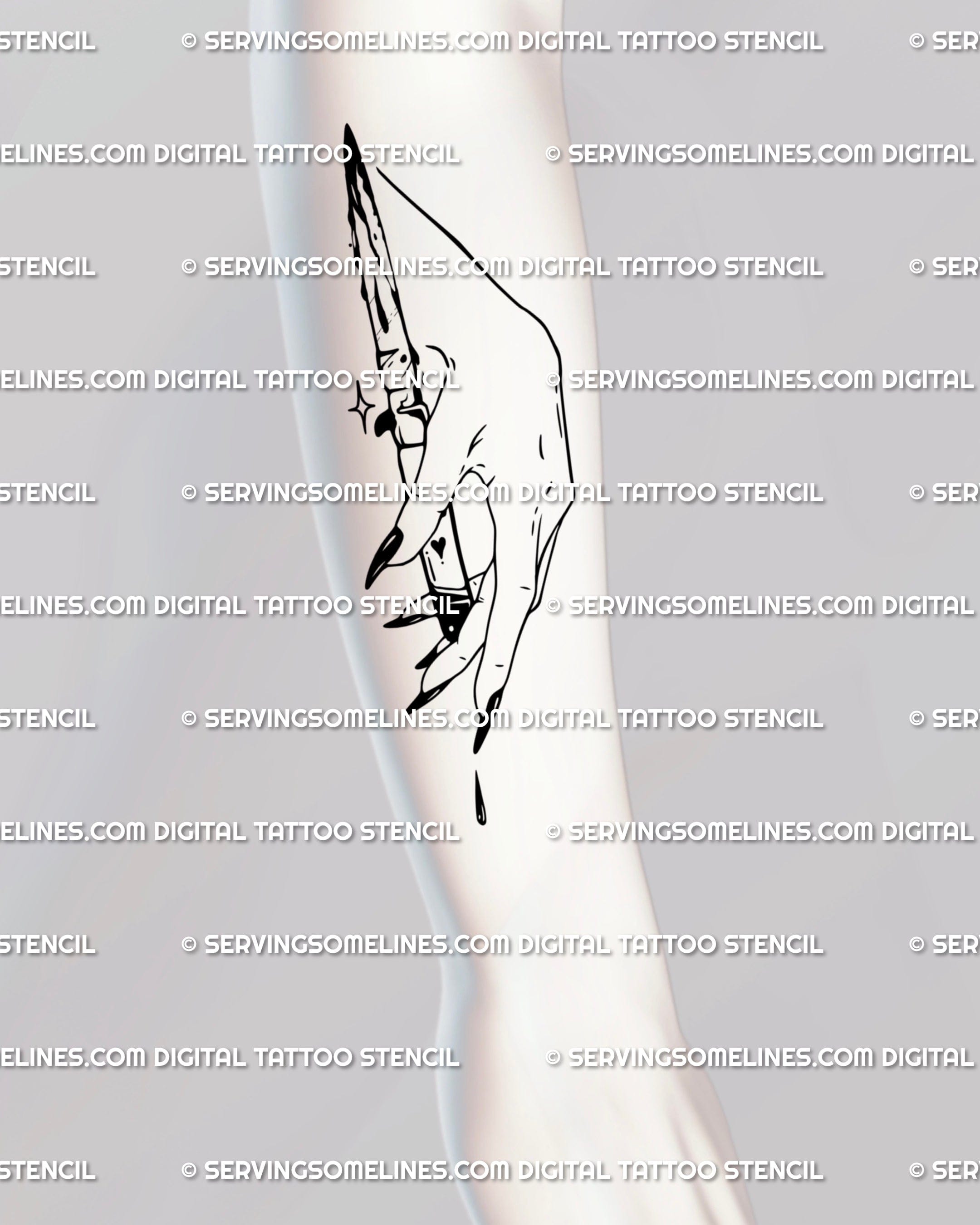 Feminine dagger tattoo art, elegant female hand holding knife in black linework style, minimal horror flash placed on forearm.