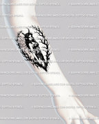 Gothic witch tattoo design placed on forearm, showing blackwork dark fairy wings and thorn frame flowing with the arm’s natural shape.