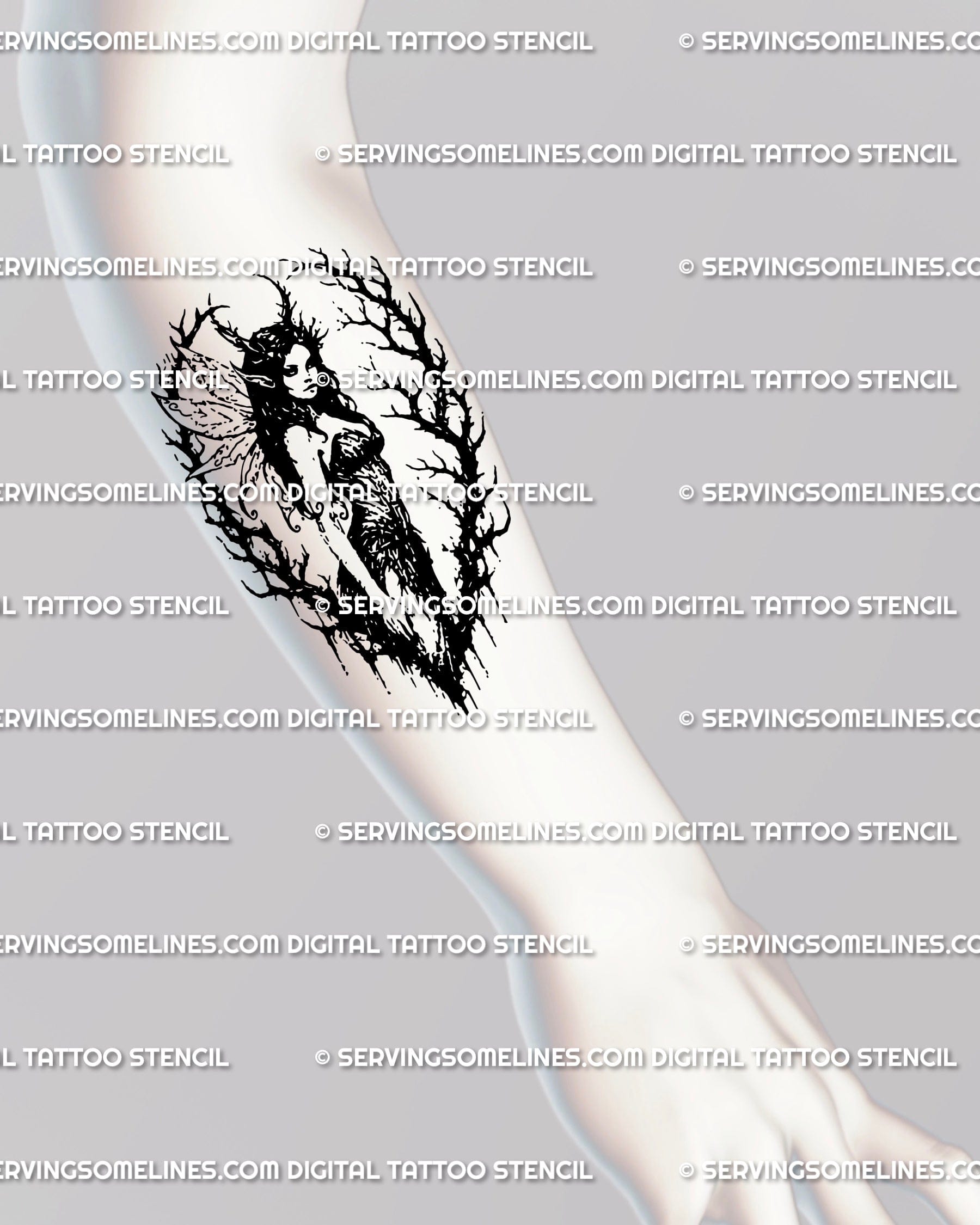 Gothic witch tattoo design placed on forearm, showing blackwork dark fairy wings and thorn frame flowing with the arm’s natural shape.