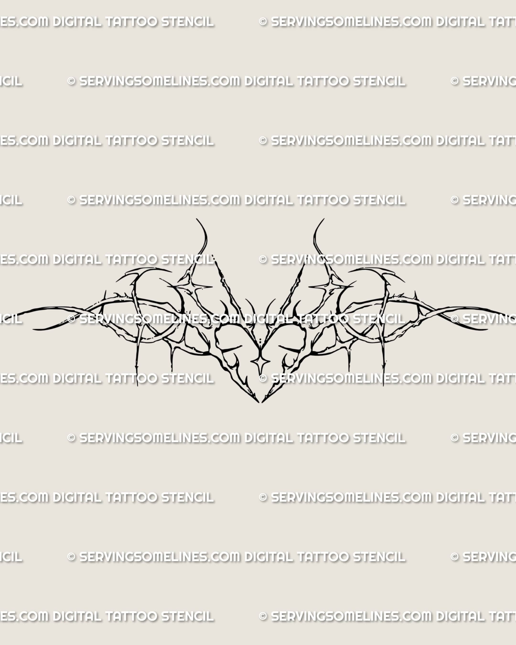 Gothic witch tattoo stencil design preview, thorn heart in cyber-sigil style with sparkles; spiky ornamental look, crisp lines for artists.