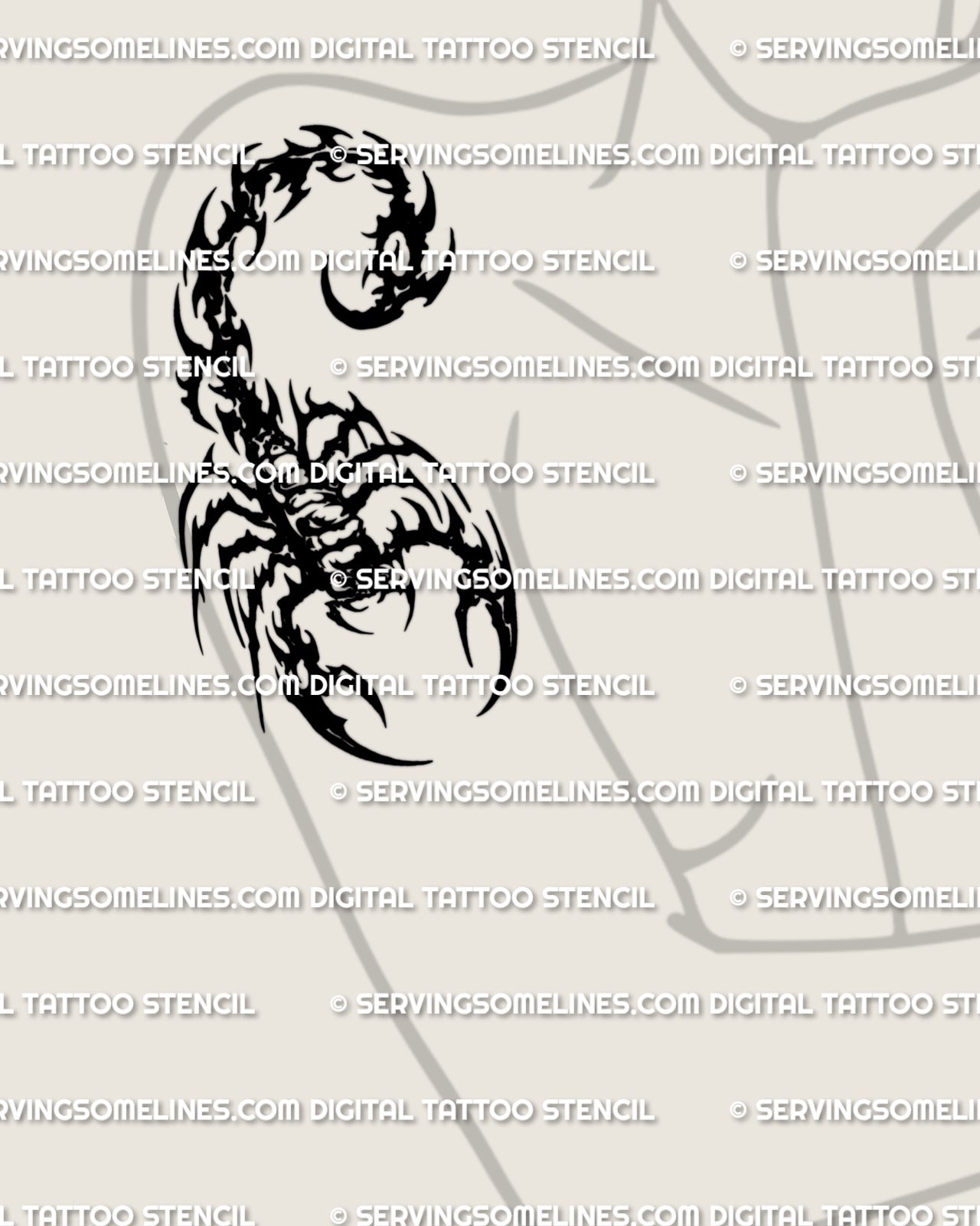 Graphic scorpion tattoo shown on women’s arm placement with neotribal curves, pointed edges, and clean black stencil flow