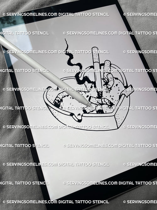 Digital ashtray heart tattoo stencil preview on iPad screen, modern grunge blackwork design showing heart-shaped ashtray full of cigarettes.
