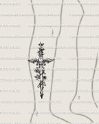 Grunge dagger tattoo stencil shown on lower leg placement example, slim vertical collage layout, instant download.