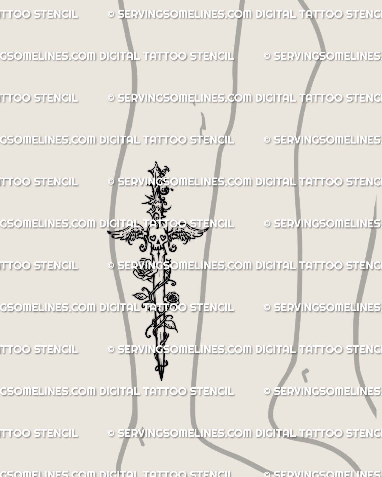Grunge dagger tattoo stencil shown on lower leg placement example, slim vertical collage layout, instant download.