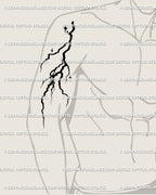 Grunge lightning tattoo stencil placed on men’s outer bicep, clean thunderbolt linework with punk lightning bolt vibe. 