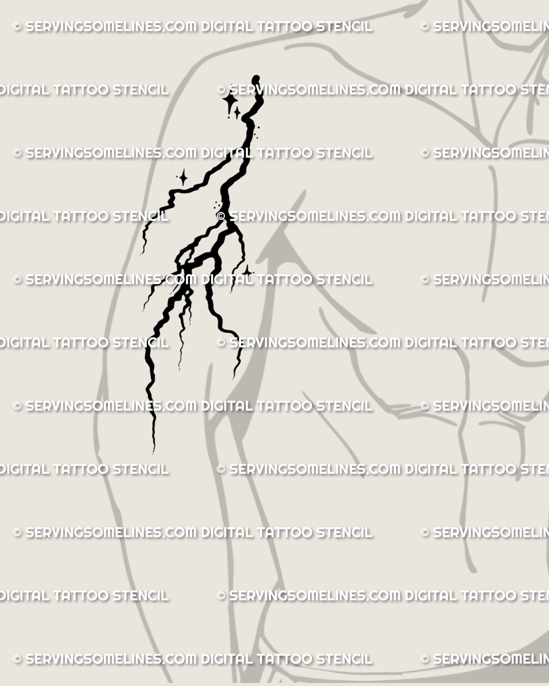 Grunge lightning tattoo stencil placed on men’s outer bicep, clean thunderbolt linework with punk lightning bolt vibe. 