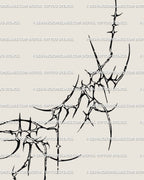 Close-up of grunge cyber tribal tattoo art, sharp symmetrical spikes and hidden hearts forming an abstract ornamental underbreast frame.