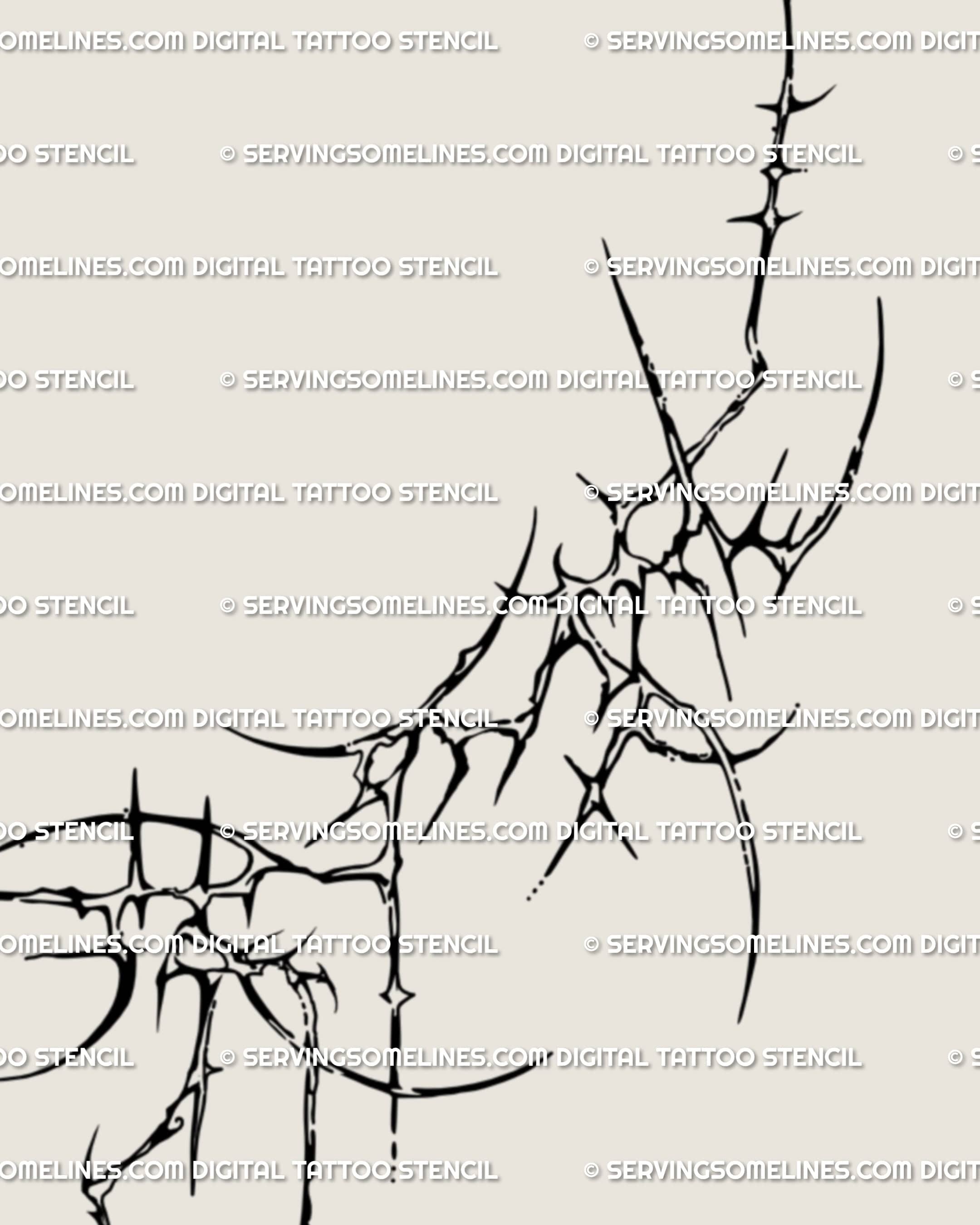 Close-up of grunge cyber tribal tattoo art, sharp symmetrical spikes and hidden hearts forming an abstract ornamental underbreast frame.