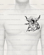 Digital tattoo stencil of female seraph angel displayed on man’s side chest, black line art design with six wings and rose detail. 