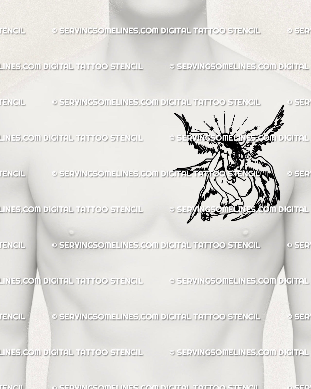 Digital tattoo stencil of female seraph angel displayed on man’s side chest, black line art design with six wings and rose detail. 
