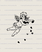 Digital tattoo stencil of guardian cherub with barbed wire halo and flying hearts, symbolic baby angel linework digital tattoo design. 