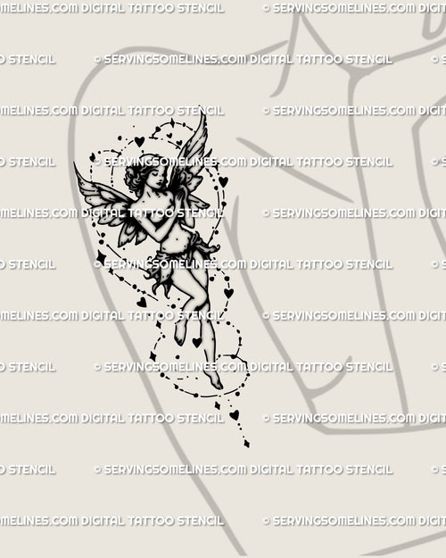 Woman’s arm displaying guardian fairy tattoo design with angel wings and stars, feminine fantasy linework art.