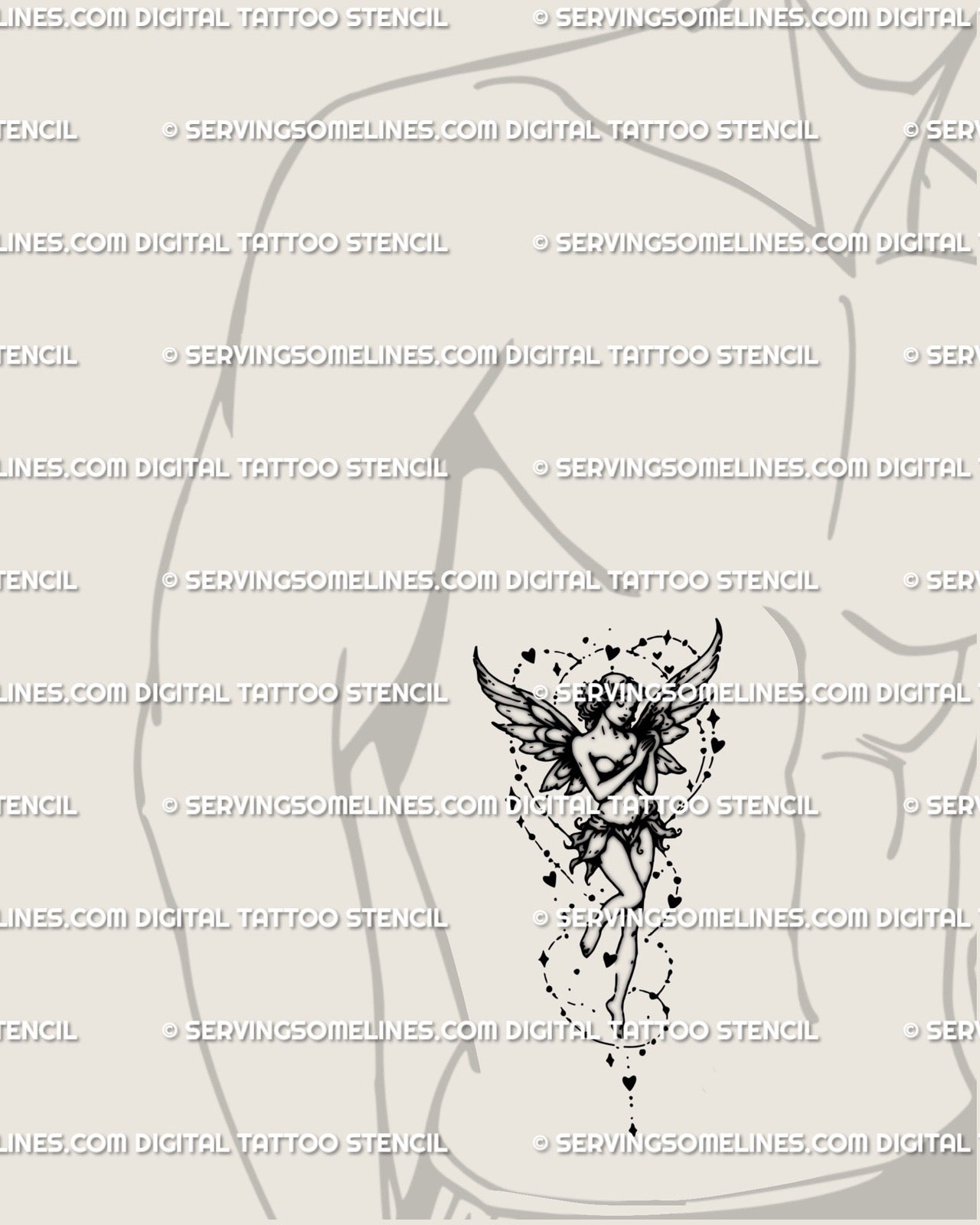 Men’s side ribs featuring guardian fairy linework tattoo, angelic wings and heart fantasy digital tattoo design.