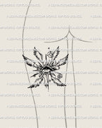 guardian themed winged eye tattoo stencil positioned on back of thigh where the curved shape follows the natural leg line