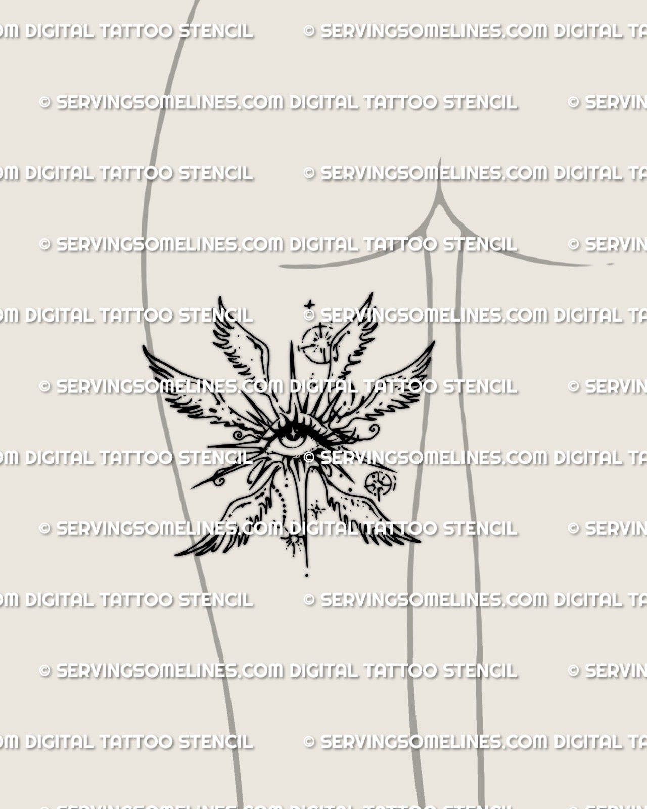 guardian themed winged eye tattoo stencil positioned on back of thigh where the curved shape follows the natural leg line