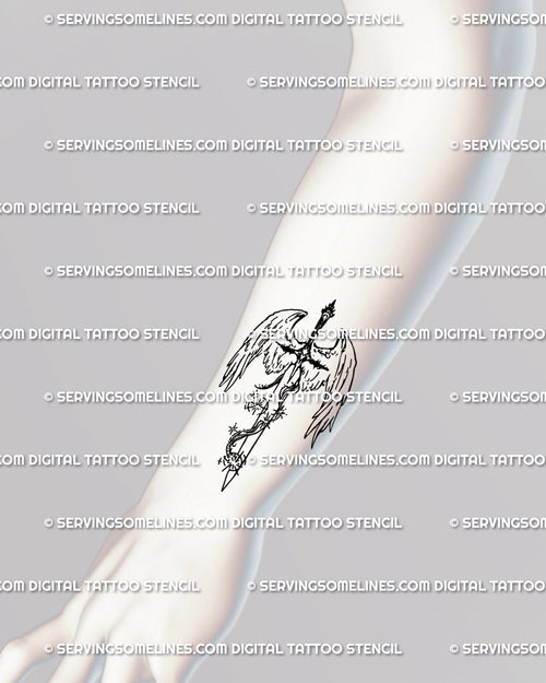 Guardian angel sword tattoo design placed on the forearm; minimalist line art with wings and sparkles, clean stencil for transfer.