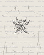 Guardian angel tattoo line art placed at the male chest center, strong symmetrical wings with sacred seraph detail for bold ornamental tattoo art.