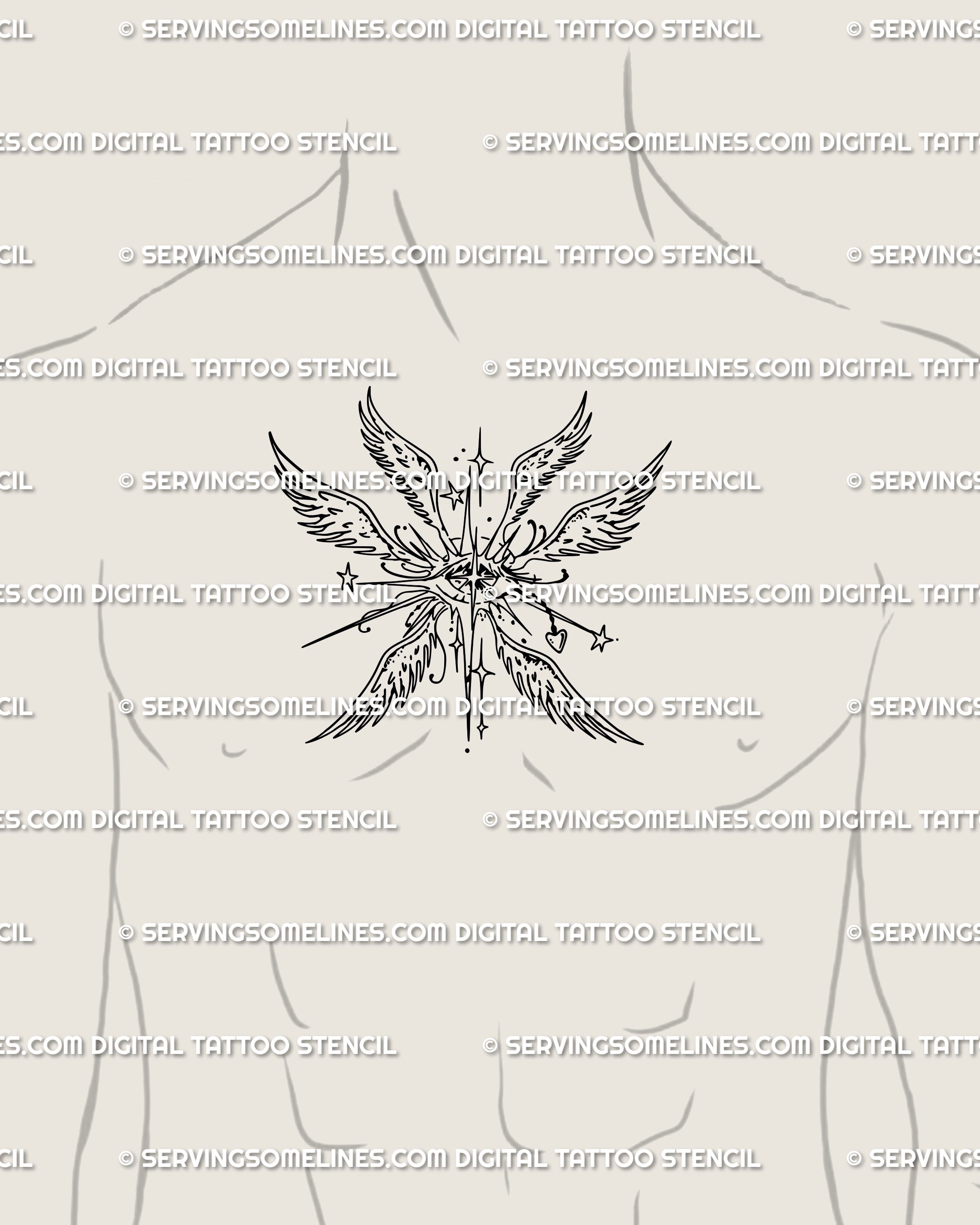 Guardian angel tattoo line art placed at the male chest center, strong symmetrical wings with sacred seraph detail for bold ornamental tattoo art.