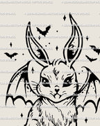 Halloween bunny tattoo stencil in spooky cute gothic style, bat wings and fangs linework for digital tattoo design.