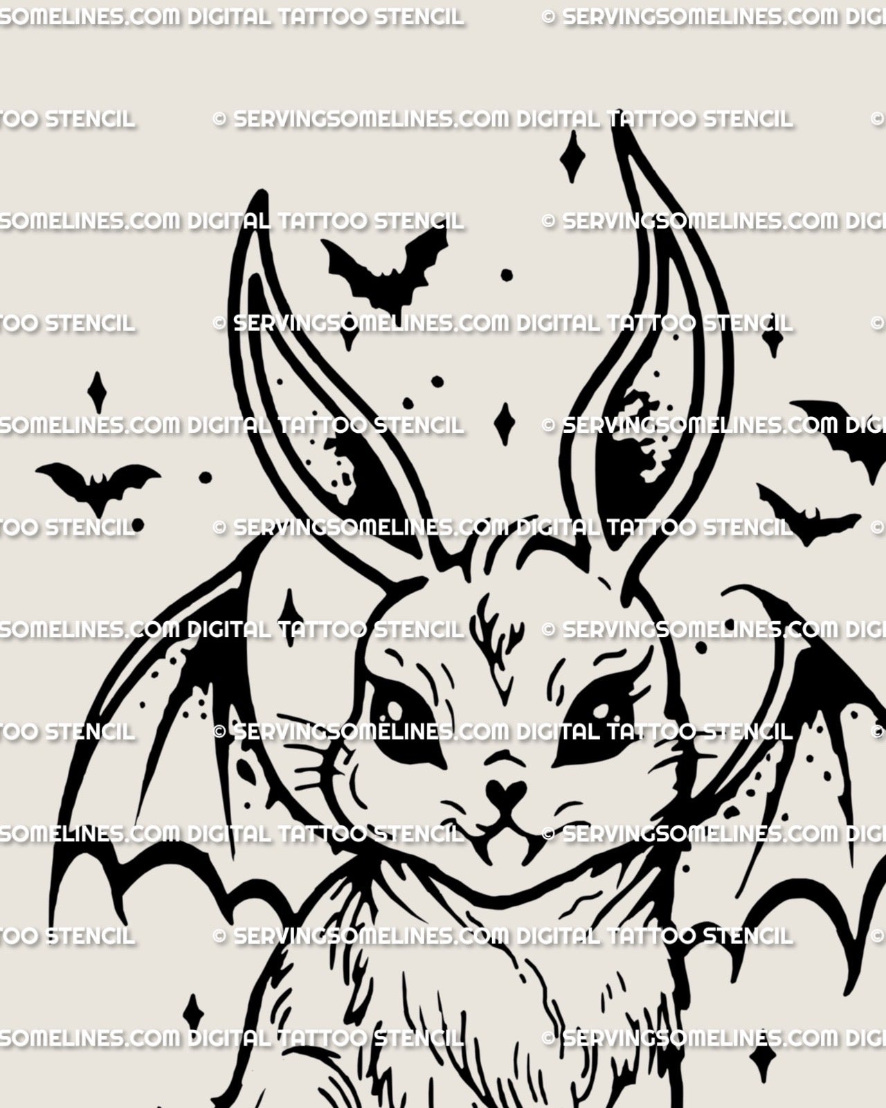 Halloween bunny tattoo stencil in spooky cute gothic style, bat wings and fangs linework for digital tattoo design.