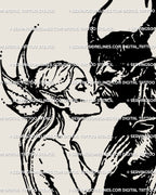 Hand-drawn blackwork lovers tattoo stencil of angel and devil, digital gothic artwork ready to print for tattoo use. 