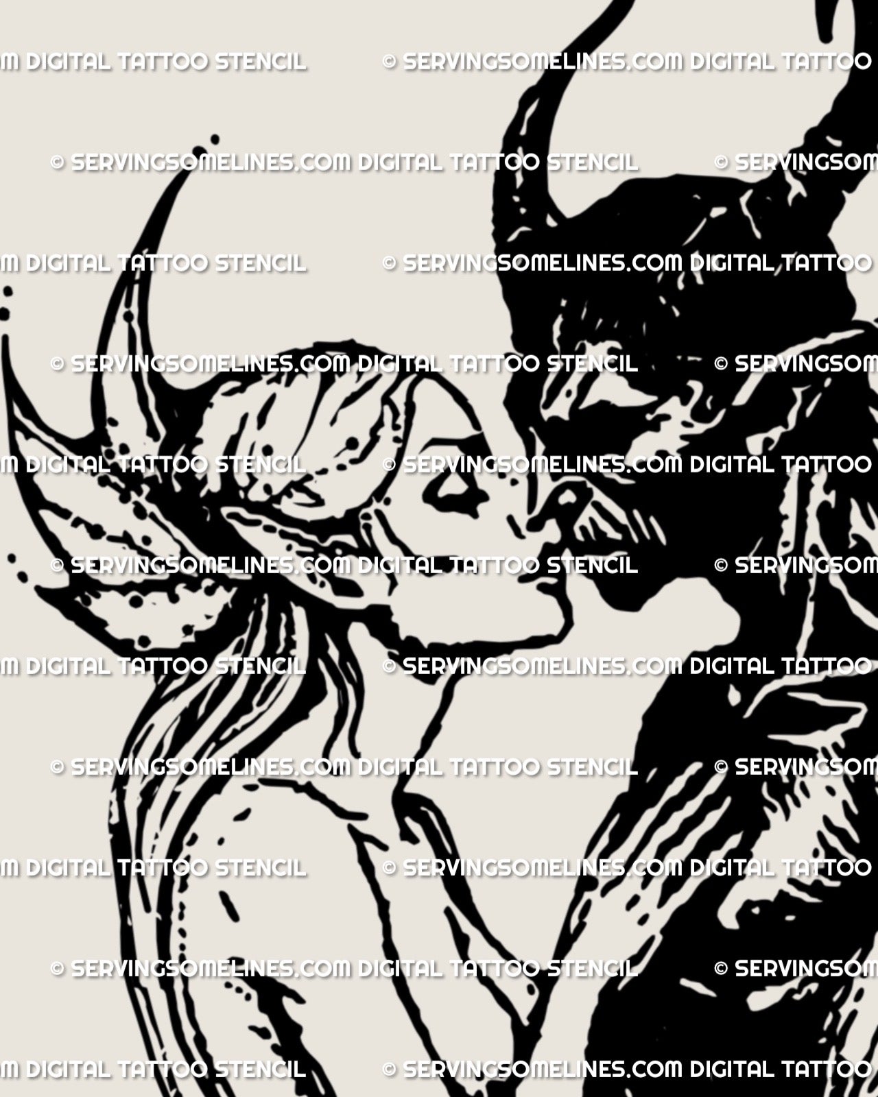 Hand-drawn blackwork lovers tattoo stencil of angel and devil, digital gothic artwork ready to print for tattoo use. 