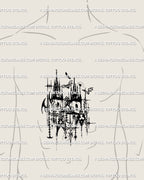Gothic castle cybersigilism tattoo on man’s stomach, blackwork haunted cathedral architecture tattoo design with fine details. 
