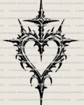 Cross and heart tattoo stencil, gothic heart outline with centered cross, pointed accents, clean gaps for stencil transfer