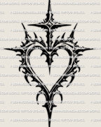 Cross and heart tattoo stencil, gothic heart outline with centered cross, pointed accents, clean gaps for stencil transfer
