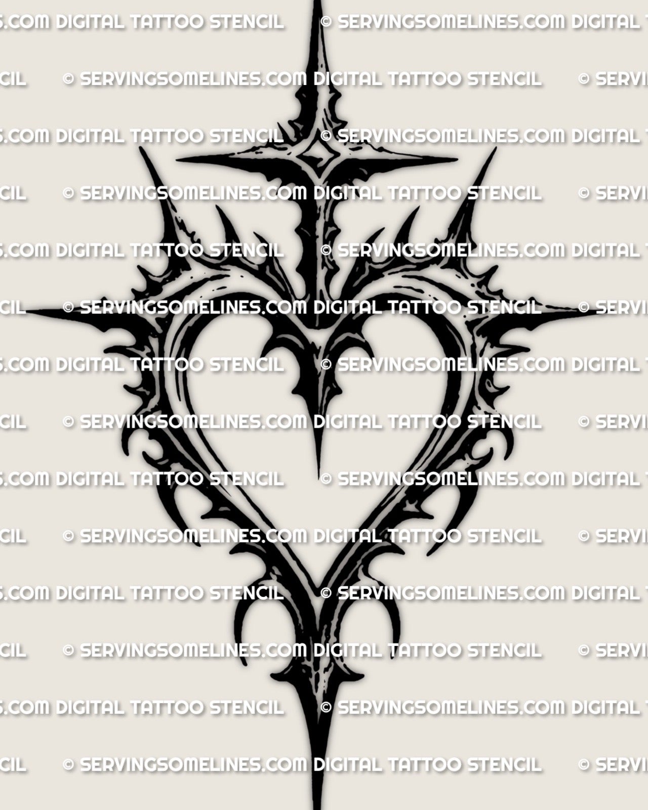 Cross and heart tattoo stencil, gothic heart outline with centered cross, pointed accents, clean gaps for stencil transfer